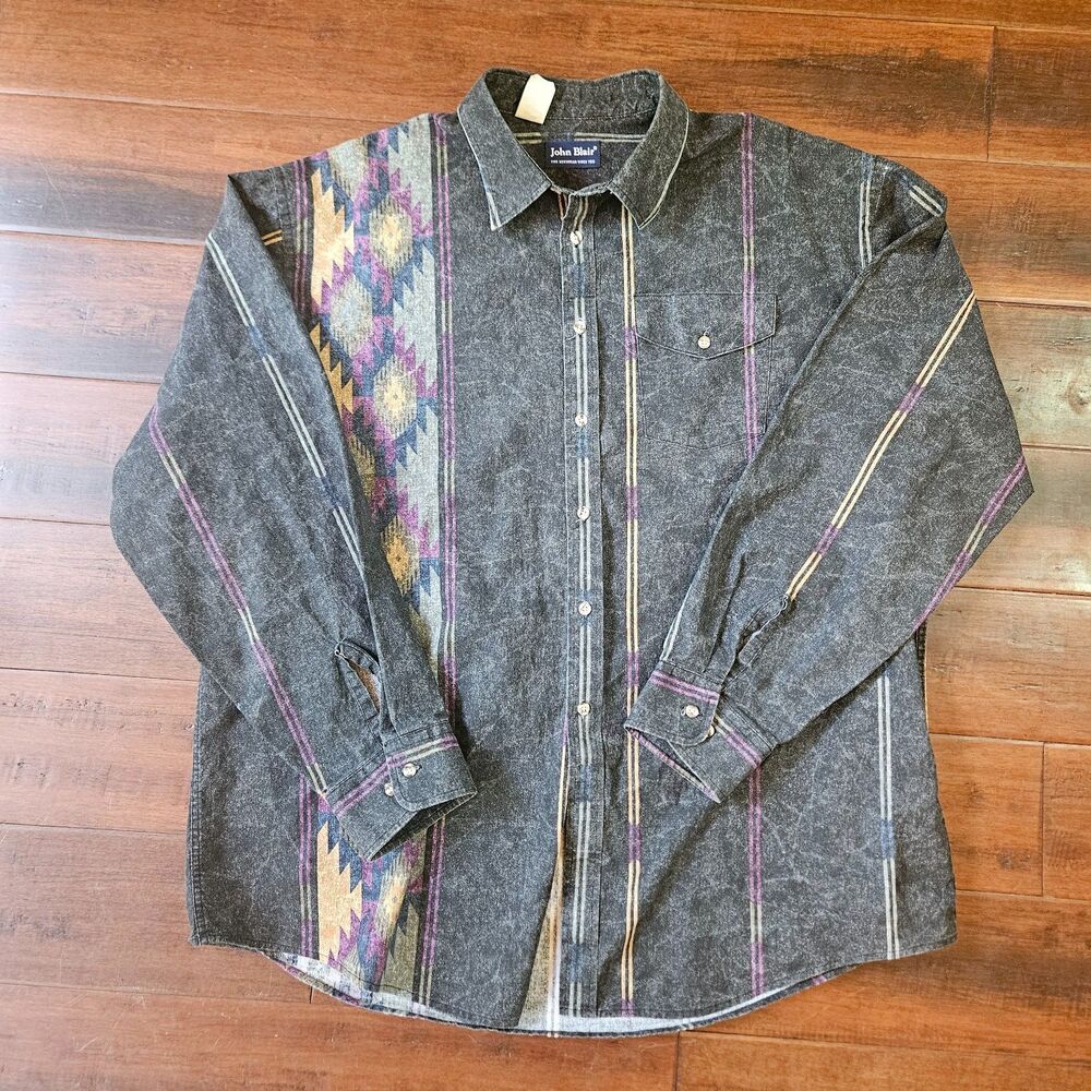 VTG 90s John Blair Aztec Southwestern Shirt Mens XL Acid Wash Demin Stripe Rodeo
